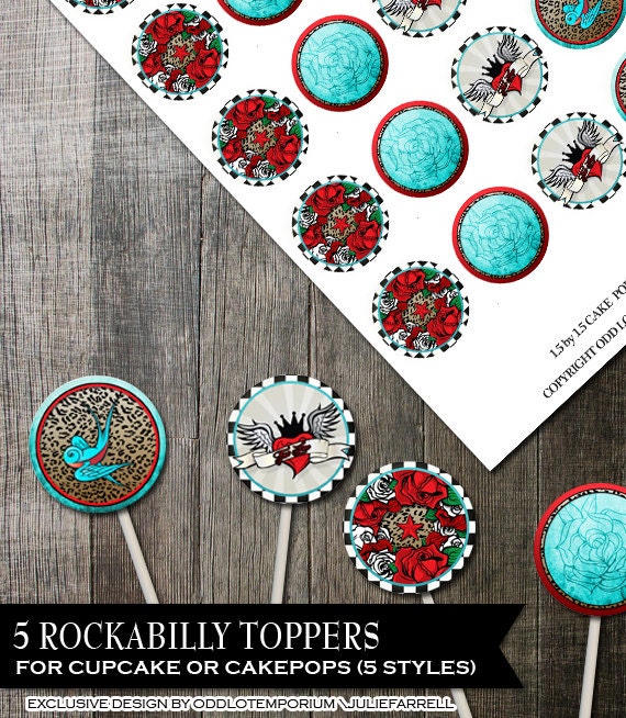 Rockabilly Cake Pop Topper - Cake Toppers DIY Printable for straws, Cupcakes or cake pops, Designs shown are what you get Il_570xn