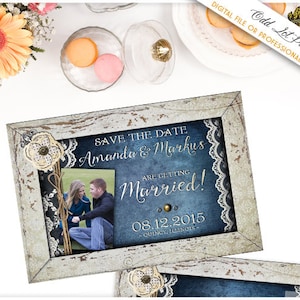 Rustieke chique denim en kant Save the Date Ansichtkaart Foto Bruiloft Aankondiging Country Engagement Card Blue Jean Country Save the Date DIY