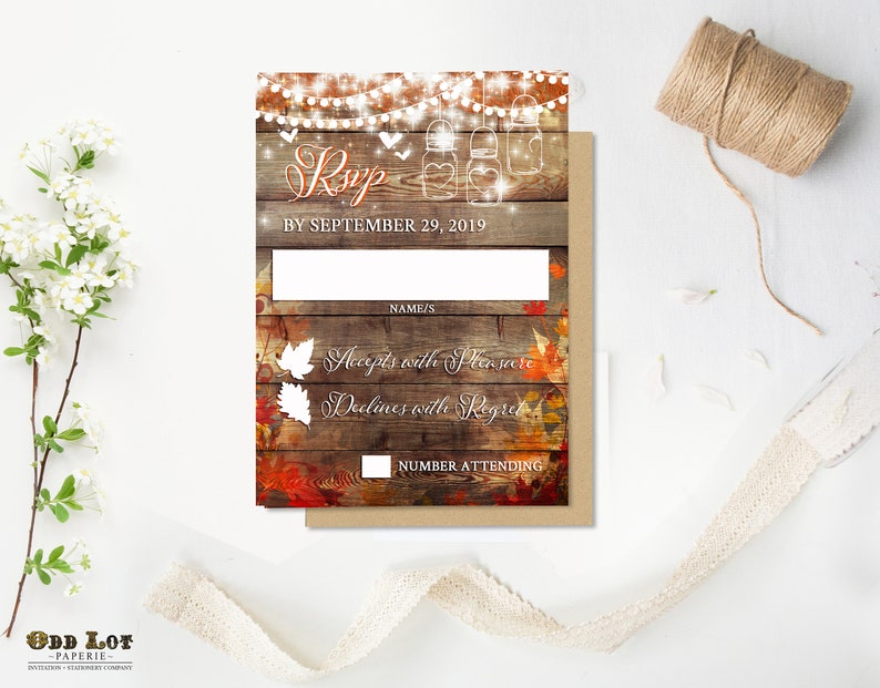 Fall in Love Rustic Wedding Invitation, Mason Jar Wedding, Fall Wedding, Autum Leaves Printed Wedding Invitation Set, Free white envelopes image 8