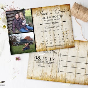 Carte postale rustique Save the Date avec des photos sur fond de bois, Bois rustique Save the Date Calendrier d’annonces de mariage, Mariage imprimable