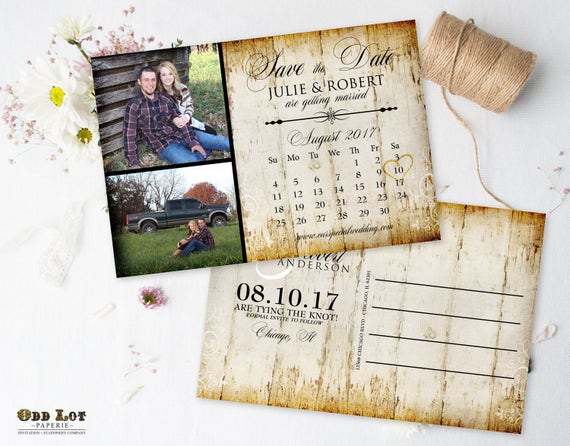 Rustic Save the Date Postcard with photos on a wood background, Rustic Wood Save the Date Wedding Announcement Calendar, Printable Wedding Il_570xn