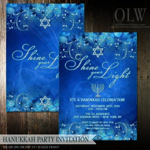 Hanukkah Party Invitation in Blue and Silver colors,  Star of David flourish invitation, Printable Jewish tradition invitation, DIY Invite
