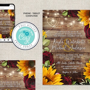 Wedding Invitation Template, Rustic Wood with Sunflowers & Roses Invitation Suite,Rustic Burgundy,  Wood Wedding Invite Editable Corjl File