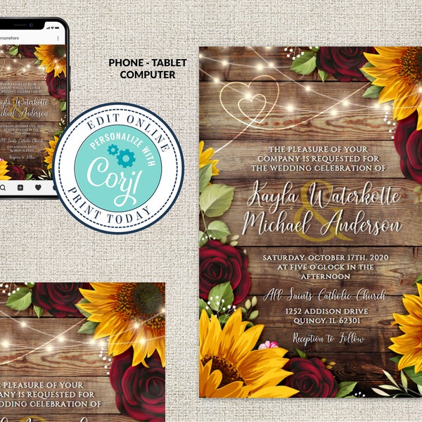Wedding Invitation Template, Rustic Wood with Sunflowers & Roses Invitation Suite,Rustic Burgundy,  Wood Wedding Invite Editable Corjl File