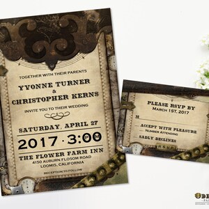 Steampunk Hochzeits-Invitation-Set, Steampunk Invites Offbeat Hochzeits-Stationen, Vintage Leder und Zahnräder, bedruckbares Hochzeits-Invite-Set