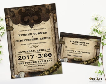 Steampunk Wedding Invitation Set, Steampunk Invites Offbeat Wedding Stationery, Vintage Leather and Gears, Printable Wedding Invite Set