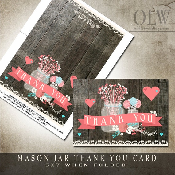 Rustic Mason Jar Thank You Card, Printable thank you greeting card, INSTANT DOWNLOAD, Flowers and Mason Jar Greeting Card Il_570xn