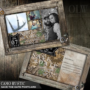 Camouflage Save the Date Rustic Brown Frame postcard Photo Save the Date Postcard Camo Sportman Save the Date wedding Printable