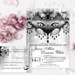 Masquerade Invito di nozze Rustico Invito di nozze Halloween Matrimonio Mardi Gras Party Invito Gotico Matrimonio Rustico Glam Bat Mask Lampadario