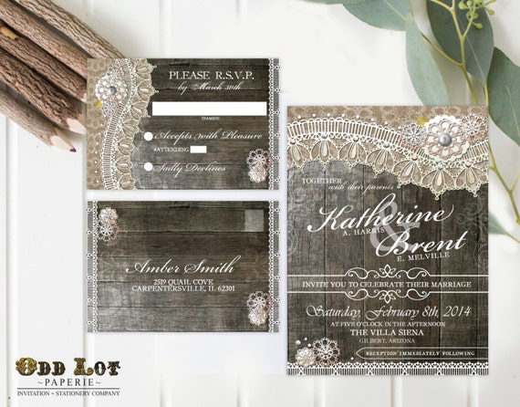 Digital Invitation and RSVP Postcard, Rustic Wedding, Printable Wedding Invitation, Country Rustic, Printable RSVP Postcard, DIY ~Wood Lace Il_570xn