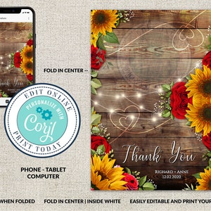 Thank You Card, Rustic Wood with Sunflowers & Roses Greeting Card, Wedding Thank You, Editable Printable File,Instant Download, Corjl