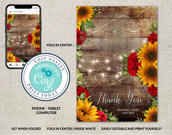 Thank You Card, Rustic Wood with Sunflowers & Roses Greeting Card, Wedding Thank You, Editable Printable File,Instant Download, Corjl Il_570xn