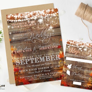 Falling Leaves Wedding Invitation, Fall in Love, Rustic Autum Wedding Invite, Mason Jar, Professionally Printed, Free Envelopes, Beautiful 1