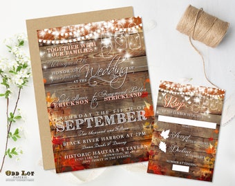 Falling Leaves Wedding Invitation, Fall in Love, Rustic Autum Wedding Invite, Mason Jar, Professionally Printed, Free Envelopes, Beautiful