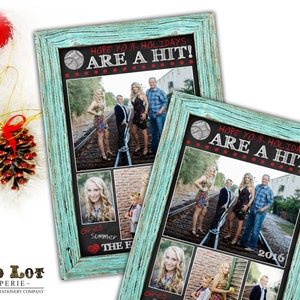 Cartões de Natal para impressão, cartão de Natal com tema de beisebol, cartões de Natal com fotos, quadro-negro, moldura de madeira, cartão digital rústico de férias