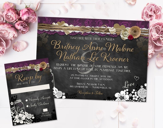 Chalkboard Wedding Invitation Set Boho Wedding Invitation Printable Mason Jar Wedding Country Wedding, Plum and Cream Rustic Chic Mason Jar Il_570xn