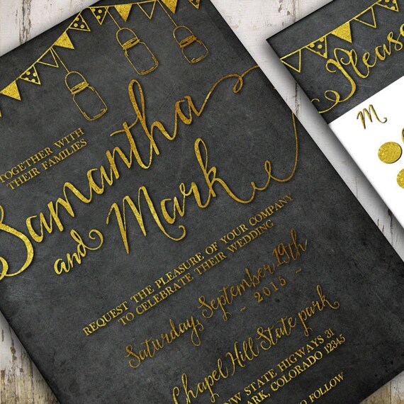 Rustic Mason Jar Chalkboard Wedding Invitation Gold Wedding