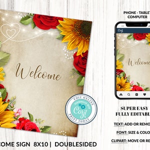 Editable Custom Sign, Printable Sign, Welcome Sign, Sunflowers and Roses, Rustic Wedding Sign, DIY Corjl Instant Download image 4