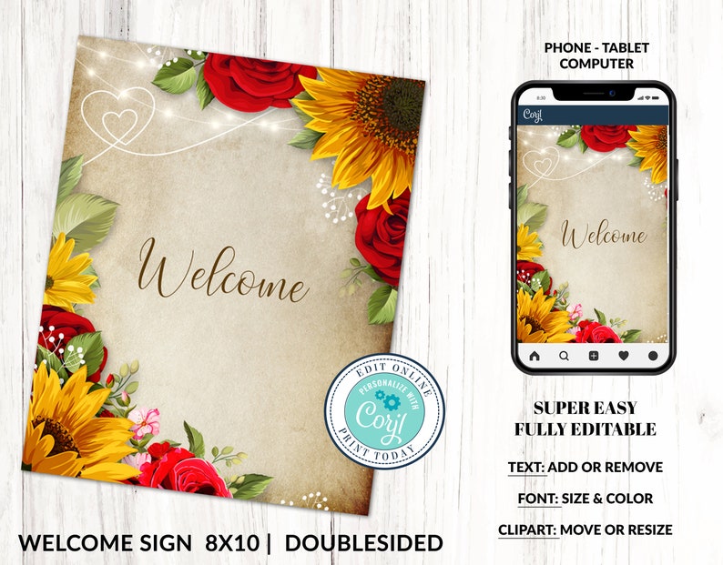 Editable Custom Sign, Printable Sign, Welcome Sign, Sunflowers and Roses, Rustic Wedding Sign, DIY Corjl Instant Download image 4