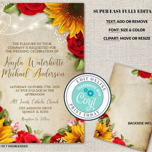 Rose & Sunflower Wedding Invitation with Parchment Background. Sunflowers and Roses Editable Invite, Red Roses, Editable Corjl File, DIY image 5