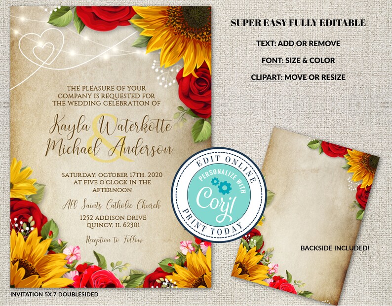 Rose & Sunflower Wedding Invitation with Parchment Background. Sunflowers and Roses Editable Invite, Red Roses, Editable Corjl File, DIY image 5