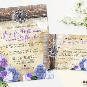 Bruiloftsuitnodigingssuite hortensia: rustieke paarse bloemen (afdrukbaar)