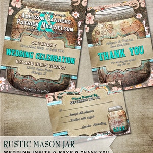 Rustic Mason Jar Wedding Invitation, rsvp y tarjetas de agradecimiento -Suite de boda imprimible con elementos de madera rústica y elemento de flor floreciente
