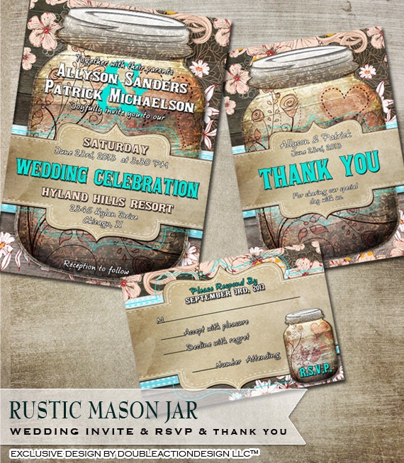 Rustic Mason Jar Wedding Invitation, rsvp and thank you cards -Printable wedding suite with Rustic Wood Elements and Flower Flourish Element Il_570xn