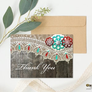 Printable Thank You Cards Rustic Wood and Lace Thank You Greeting Card With Flowers DIY Instant Download Rustic Thank YouWood Lace zdjęcie 1