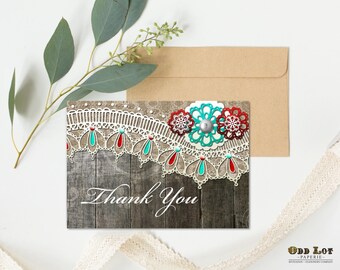 Printable Thank You Cards Rustic Wood and Lace Thank You Greeting Card With Flowers DIY Instant Download Rustic Thank You~Wood Lace