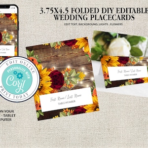 Wedding Place Card Template, Fall Sunflowers & Burgundy Roses, Table Card, Folded Name Card, Editable Printable File,Instant Download, Corjl image 1