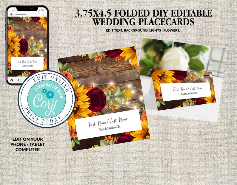 Wedding Place Card Template, Fall Sunflowers & Burgundy Roses, Table Card, Folded Name Card, Editable Printable File,Instant Download, Corjl image 1