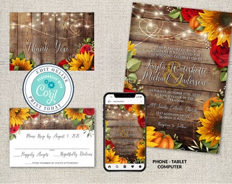 Rustic Sunflower Wedding Invitation Suite: Editable Template (Corjl File)