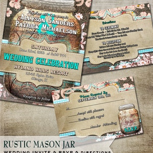 Rustikale Mason Jar Hochzeits-Einladung, RSVP, Anfahrt Card-druckbare Hochzeitssuite mit rustikalen Holzelementen und Blumenblüten-Blüten-