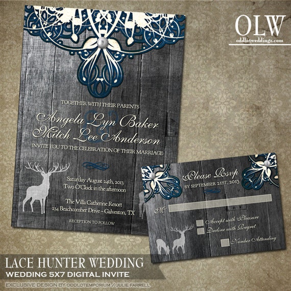 Rustic Lace Wedding Stationery Featuring 2 deer Digital Printable File with grey wood background Invite and RSVP Il_570xn