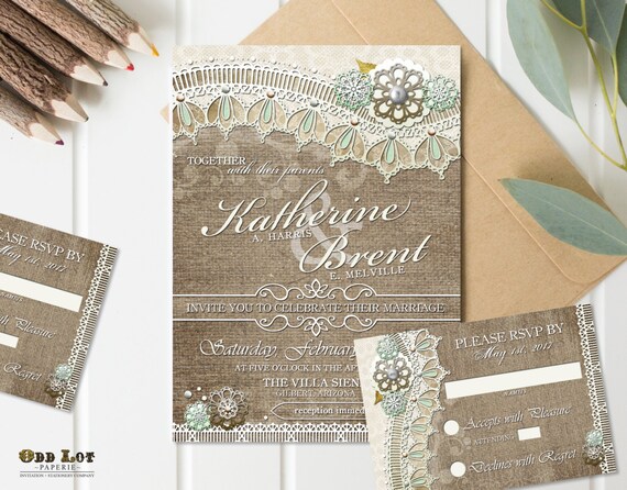 Rustic Burlap Lace Wedding Invitation Rsvp Printable Etsy
