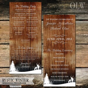 May include: Rustic winter wedding program template with a woodgrain background and white text. The program includes the wedding party, ceremony details, and a winter scene with a deer and pine trees.