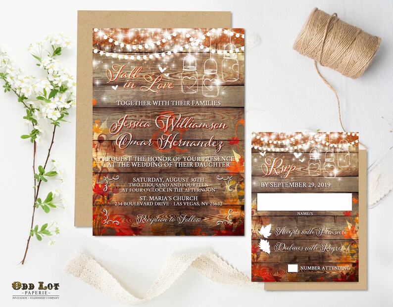 Fall in Love Rustic Wedding Invitation, Mason Jar Wedding, Fall Wedding, Autum Leaves Printed Wedding Invitation Set, Free white envelopes image 4