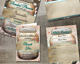 Rustic Mason Jar Bridal Shower Party Printables | Digital Printable Invitation and cards | Rustic Bridal Shower | Mason Jar Invitation