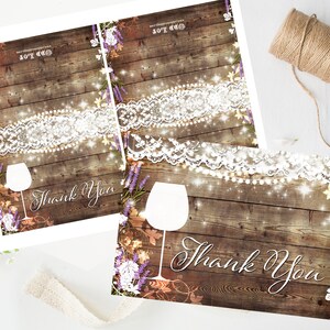 Rustic Bridal Shower Thank You Cards, Vineyard Wedding Shower Greeting Cards, Wine Tasting, Lavender, Printable Thanks, DIY Invite, Lace image 1