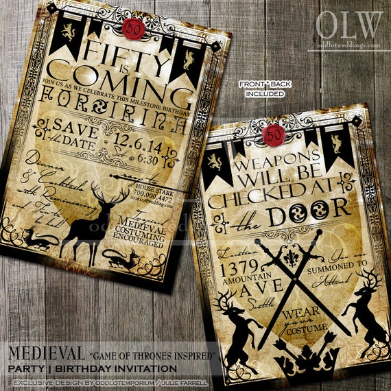 Birthday Party Invitation Printable Medieval Heraldic Invitations Fifty (any age) Vintage Rustic Party Invites with deer and crest banners Il_570xn
