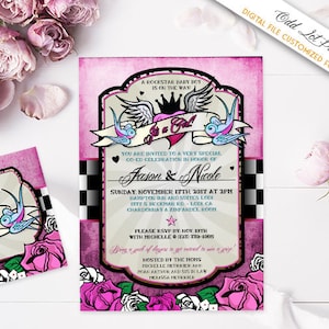 Rockabilly Baby Shower Invitation, Rock N Roll Baby Shower Tattoo Baby Shower invitation, Pink Girl Baby Shower Printable Invite DIY