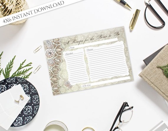 Recipe Card Printable, Lace Couples or Bridal Shower Recipe Card, Floral Recipe Card, Damask Vintage Lace, INSTANT DOWNLOAD, calligraphy Il_570xn