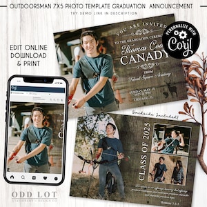 Outdoorsman Graduierungsankündigung - Bearbeitbare Corjl-Vorlage - Jäger-Sportler-Fotoeinladung - Senior Boy Grad-Karte - Camo Digital Download