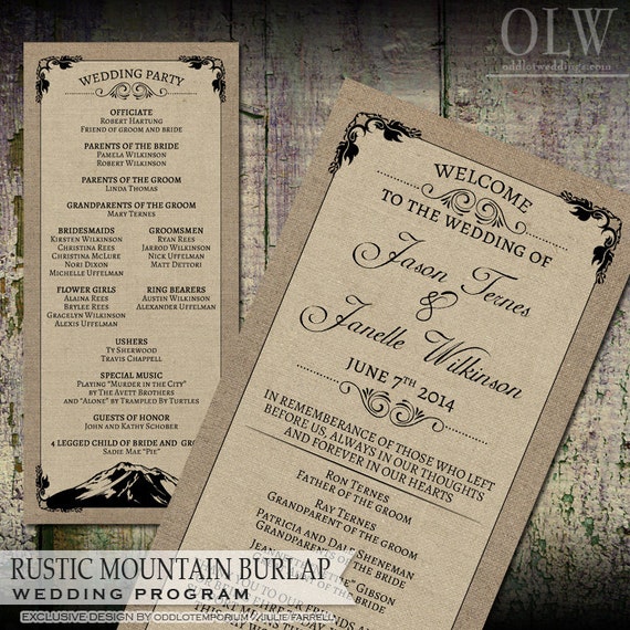 Rustic Mountain Burlap Wedding Program Digital Printable Or