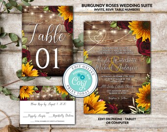 Rustic Burgundy Roses Sunflower Wedding Inivte, Rsvp, Table Numbers. Corjl Instant Download. Editable Wedding Stationery, Barn Wedding, DIY
