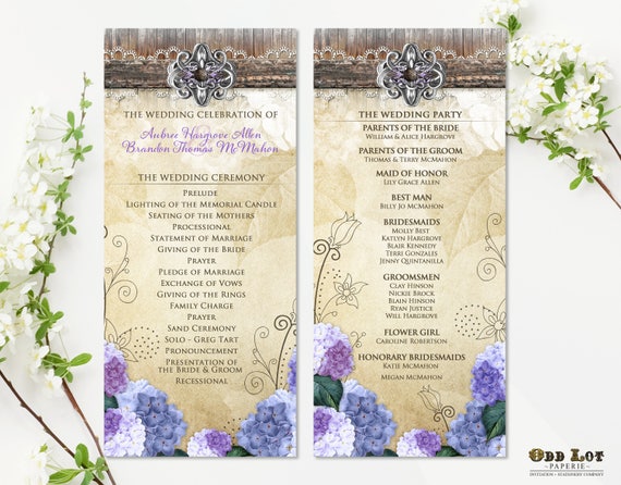 rustic wedding program template purple hydrangea country wedding