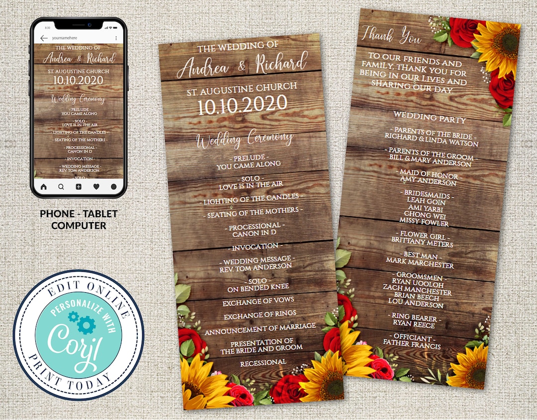 Sunflower Roses Wedding Program Template: Rustic Ceremony (digital ...