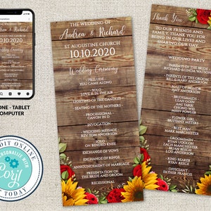 Editable Sunflower and Roses Wedding Program, Rustic Wedding Ceremony Program Template, Editable Printable File,Instant Download, Corjl