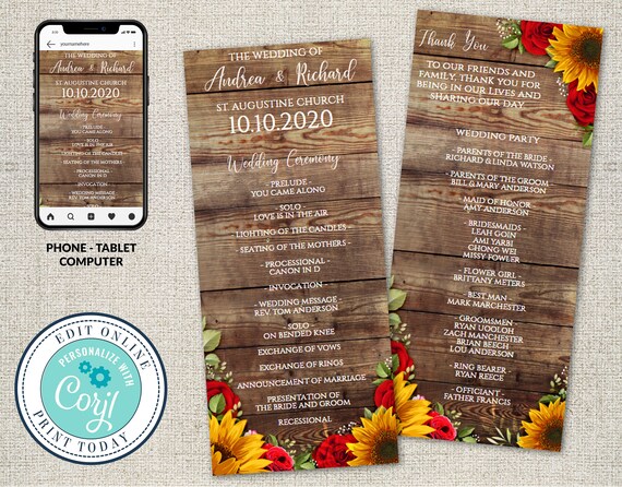 Editable Sunflower and Roses Wedding Program, Rustic Wedding Ceremony Program Template, Editable Printable File,Instant Download, Corjl Il_570xn